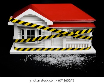 Condemned Drug Contaminated Home Concept New Zealand NZ Villa House And Crystalline Substance That May Resemble Crystal Meth, Ice, Crystal Methamphetamine