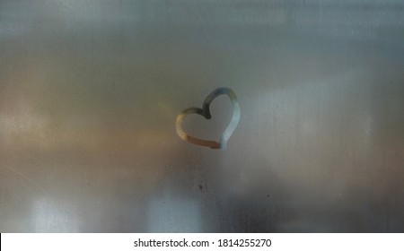 Condensation Water Droplets In Mirror For Background.Hand Drawn By Finger Heart Shape.for Valentine Day.