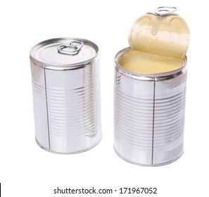 Condensed Milk In Tin Can Over White Background