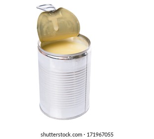 Condensed Milk In Tin Can Over White Background