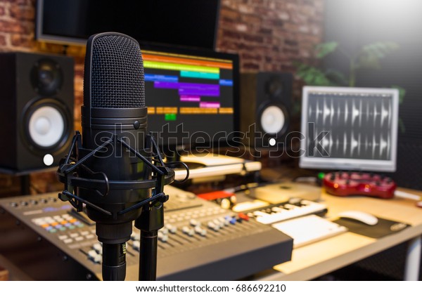condenser microphone in digital sound editing\
& recording\
studio