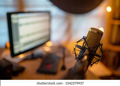 Condenser Microphone Golden Close-up Shot In The Studio Recording Creating The Sound Effect For The Content Creator Of Vlog Or Blogger Freelance