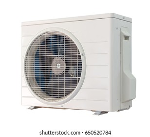 Condenser Unit Or Compressor Isolated On White Background With Clipping Path. Unit Of Central Air Conditioner (AC) Or Heating Ventilation Air Conditioning System (HVAC). Electric Fan And Pump Inside.