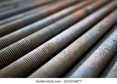 Condensing Unit Steel Close Up Wire Finned Obsolete Table Grill Perspective Texture, Compressor And Air Conditioning System. Selective Focus Industrial Background Metal Material Industry Rib Heater.