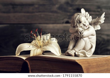 Condolence card with angel and lily flower on open book	