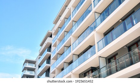 Condominium And Apartment Building With  Symmetrical Modern Architecture In The City Downtown.