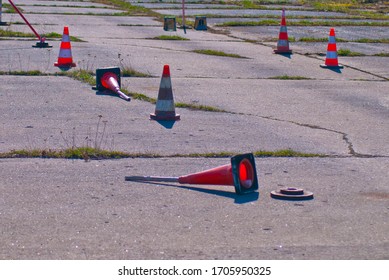 Cone Fence Posts On The Road For Car Driving Training At The Driver Training School