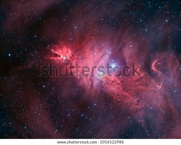 The Cone
Nebula is a dark cloud in conjunction with an H-II region, also
embedded in NGC 2264, making the Cone Nebula a part of the nebula
surrounding the Christmas tree
cluster.