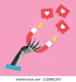 Conemporary art collage with female hand holding magnet and magnetizing likes symbol isolated over pink background. Concept of social media, influence, popularity, modern lifestyle and ad