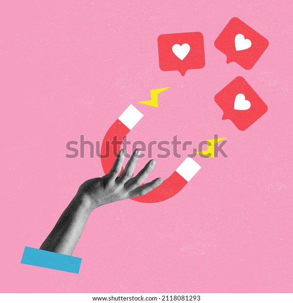 Conemporary art collage with female hand holding\
magnet and magnetizing likes symbol isolated over pink background.\
Concept of social media, influence, popularity, modern lifestyle\
and ad
