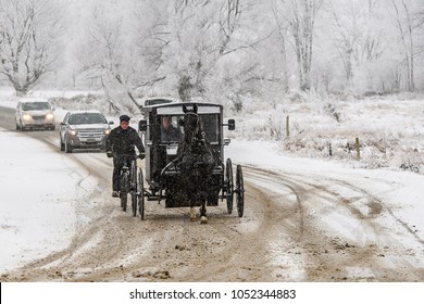 Conestogo, Ontario/ Canada - December 23, 2017:Amish With Horse And Buggy In Rural Ontario In Winter 