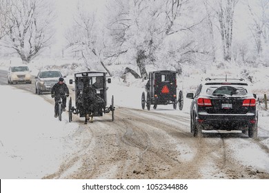 Conestogo, Ontario/ Canada - December 23, 2017:Amish With Horse And Buggy In Rural Ontario In Winter 