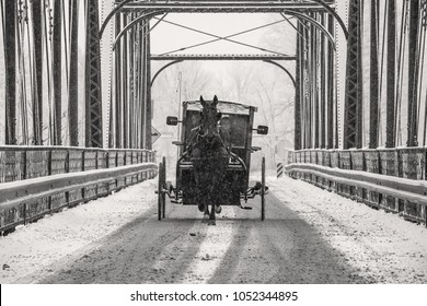 Conestogo, Ontario/ Canada - December 23, 2017:Amish With Horse And Buggy In Rural Ontario In Winter 