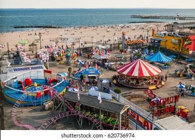 Coney Island Beach, New York - Summer 2015: a view of Coney Island Beach and amusement park from above