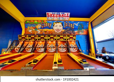 CONEY ISLAND, NEW YORK - APRIL 2: Empty Skeeball Games At The Boardwalk April 2, 2010 In Coney Island, New York, USA. The First Ever Skee Ball Tournament Was Held Nearby In Atlantic City, New Jersey.