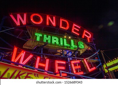 Coney Island, New York, August, 2018: Wonder wheel neon sign at night