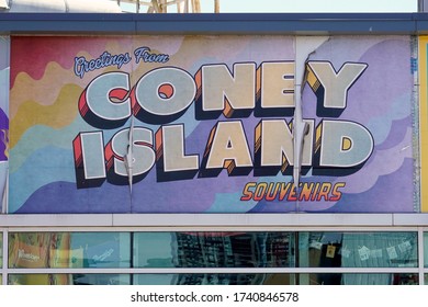 Coney Island, NY / USA - May 23, 2020: Coney Island's Famed Boardwalk Is Home To Many Colorful Signs, Billboards And Statues Advertising Local Food Stands, Carnival Shows And Amusement Parks.