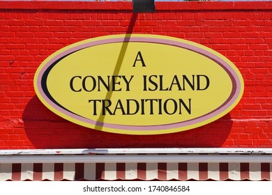 Coney Island, NY / USA - May 23, 2020: Coney Island's Famed Boardwalk Is Home To Many Colorful Signs, Billboards And Statues Advertising Local Food Stands, Carnival Shows And Amusement Parks.