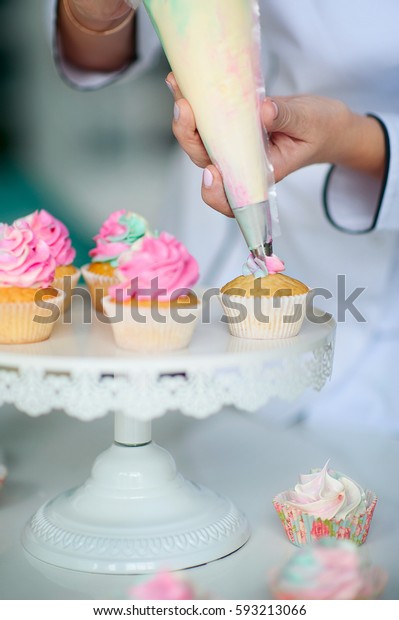 Confectioner Decorate Cupcakes Pastry Bag Stock Photo Edit