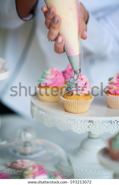 Confectioner Decorate Cupcakes Pastry Bag Stock Photo Edit