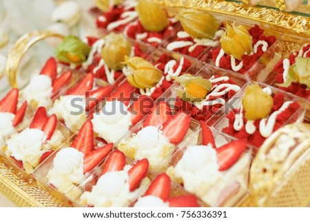 confectionery, cakes, pastries with cream and marzipan