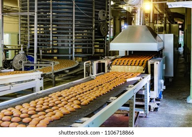 Confectionery Factory. Production Line Of Baking Cookies. Selective Focus