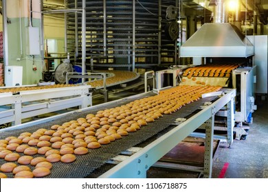 Confectionery Factory. Production Line Of Baking Cookies. Selective Focus