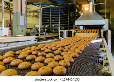 Confectionery Factory. Production Line Of Baking Cookies, Selective Focus.