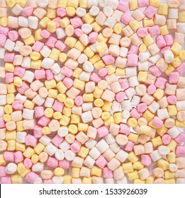 Confectionery. Various Colorful Marshmallow In Pink, Yellow And White Marshmellow With Soft Focus.