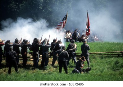 Confederate Soldiers Advance,		Civil War Battle Reenactment	