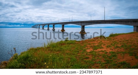 Confederation Bridge, World's largest bridge over Northumberland Strait connecting Prince Edward Island to New Brunswick in Borden-Carleton, PE, Canada, during foggy stormy weather conditions