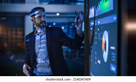 Conference Business Meeting Presentation: CEO Businessman Shows Data to Group of Investors, Businessspeople. Projector Screen Shows Graphs, Product Sales, Revenue Growth Strategy, e-Commerce Analysis - Shutterstock ID 2140347409