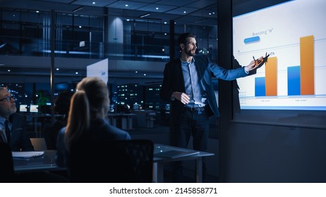 Conference Business Meeting Presentation: CEO Businessman Shows Data to Group of Investors, Businessspeople. Projector Screen Shows Graphs, Product Sales, Revenue Growth Strategy, e-Commerce Analysis - Shutterstock ID 2145858771