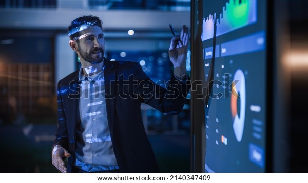 Conference Business Meeting Presentation: CEO\
Businessman Shows Data to Group of Investors, Businessspeople.\
Projector Screen Shows Graphs, Product Sales, Revenue Growth\
Strategy, e-Commerce\
Analysis