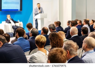 Conference Hall. People At A Seminar On Effective Business. The View From The Back. Unrecognizable Faces