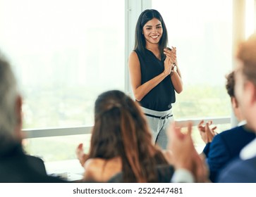 Conference, presentation and audience with applause, discussion and meeting for business. Group of people, team and collaboration with workshop, training or coaching with tradeshow and brainstorming - Powered by Shutterstock