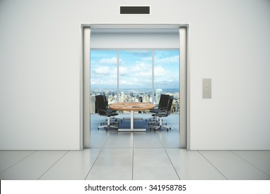 Conference Room With City View Is Appeared From The Elevator Doors 3D Render