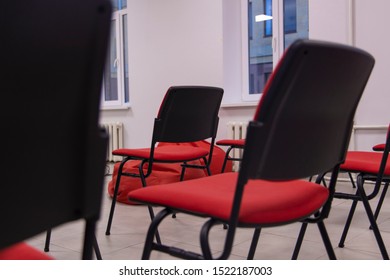 Conference Room Interior Co Working Space With Red Chairs, No People 