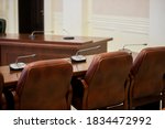 Conference room or seminar meeting room in business event. Session of Government. Academic classroom training course in lecture hall. blur abstract background. working in modern bright office indoor