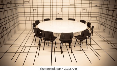 Conference Round Table And Black Office Chairs In Meeting Room. Toned Picture