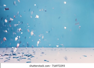 Confetti Party On Blue Background. Celebration Concept.
