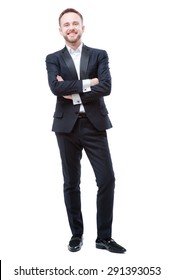 Confidence And Charisma. Full Length Of Smiling Young Bearded Man In Formalwear Keeping Arms Crossed And Looking At Camera Against White Background