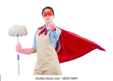 Confidence Success Super Hero Housewife Holding Mop Pointing At Camera Ask For Challenge. Isolated On White Background. Housework And Household Concept.