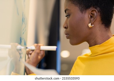Confident african american businesswoman writing strategy on whiteboard at workplace. unaltered, business and modern office concept.