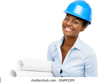 Confident African American woman architect smiling white background