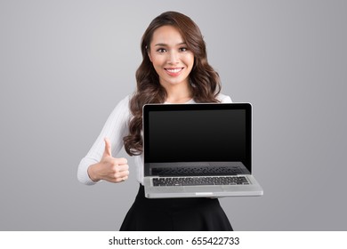 Confident Asian Business Woman Showing Laptop Screen.