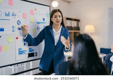 Confident asian businesswoman leads team in modern meeting room, analyzing data on whiteboard for corporate success. Team collaborates on charts, showcasing teamwork in tech-driven workplace - Powered by Shutterstock