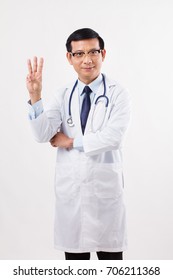 Confident Asian Male Doctor Pointing Up 3 Fingers