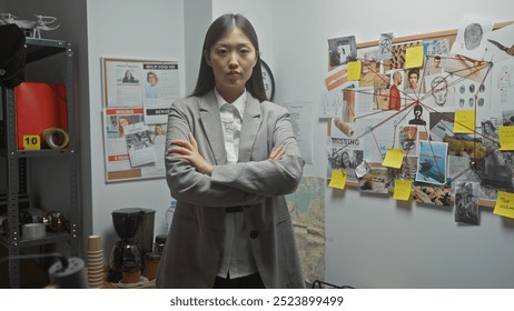 A confident asian woman detective stands with crossed arms in an investigation room filled with evidence and clues. - Powered by Shutterstock