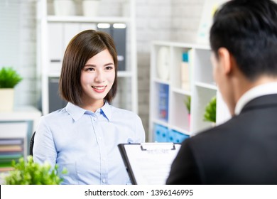 Confident Asian Woman Talk To Interviewer For A Job Interview